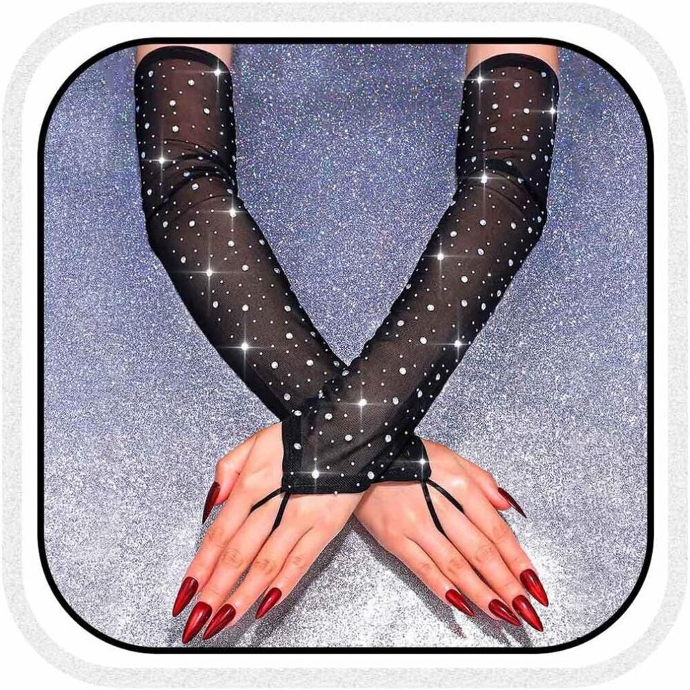 Women's Rhinestone Long Mesh Gloves Fingerless Elbow Length Arm Sleeves Prom